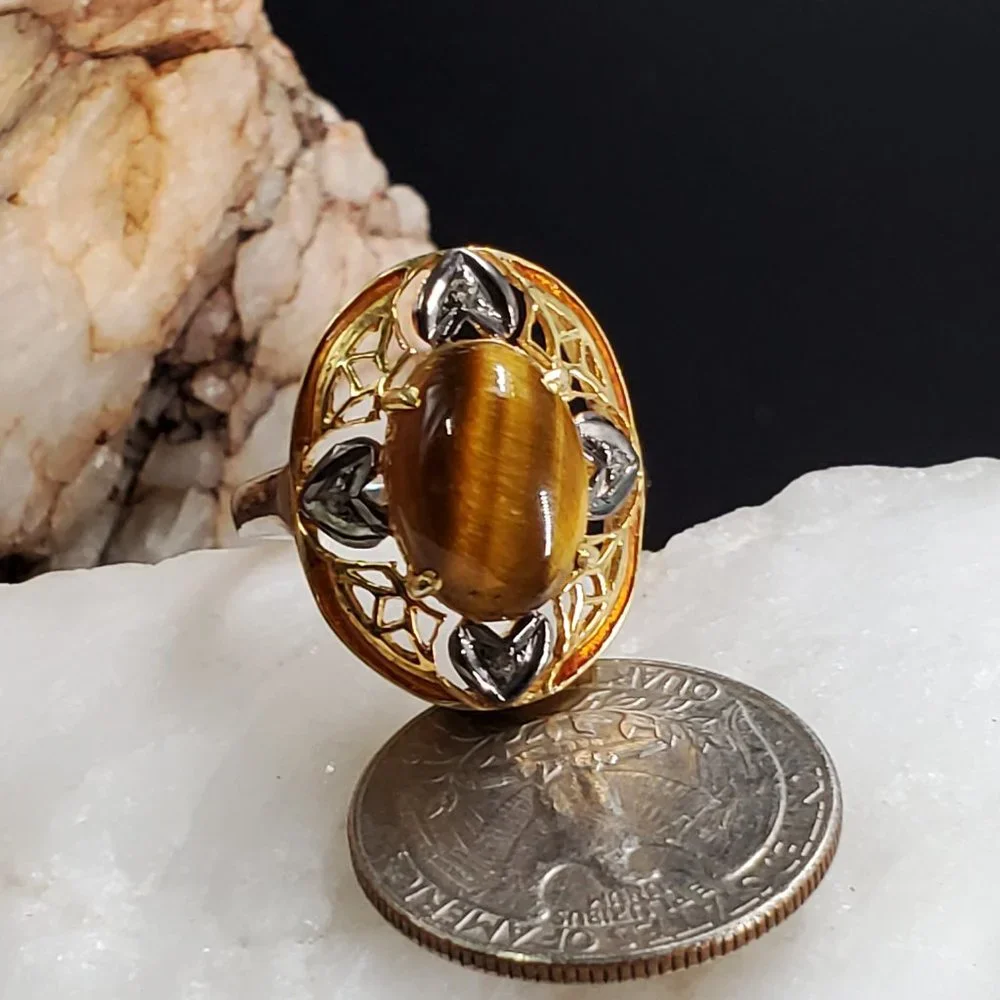 Sterling Silver 925/18k Gold Ring Tiger Eye Raw Diamonds Unique Designer Jewelry